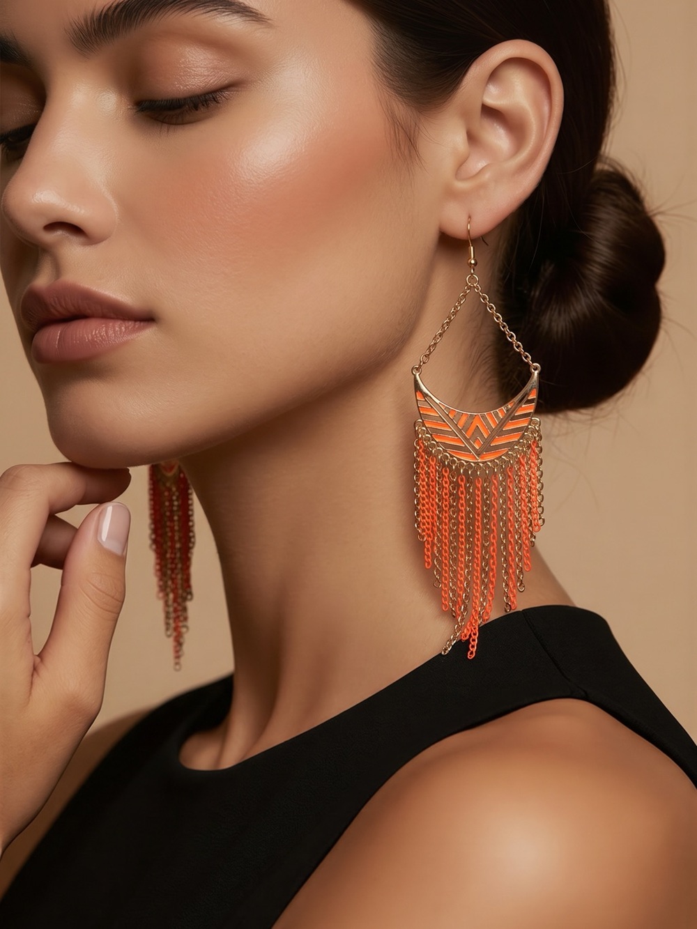 Gold-Tone Orange Fringe Drop Earrings with Chevron Detail